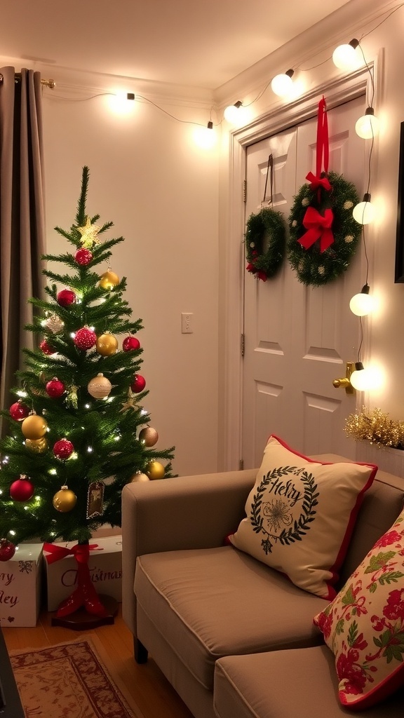 Christmas Decor Ideas for a Cozy Apartment A beautifully decorated apartment for Christmas with a small tree, wreath, and cozy textiles.